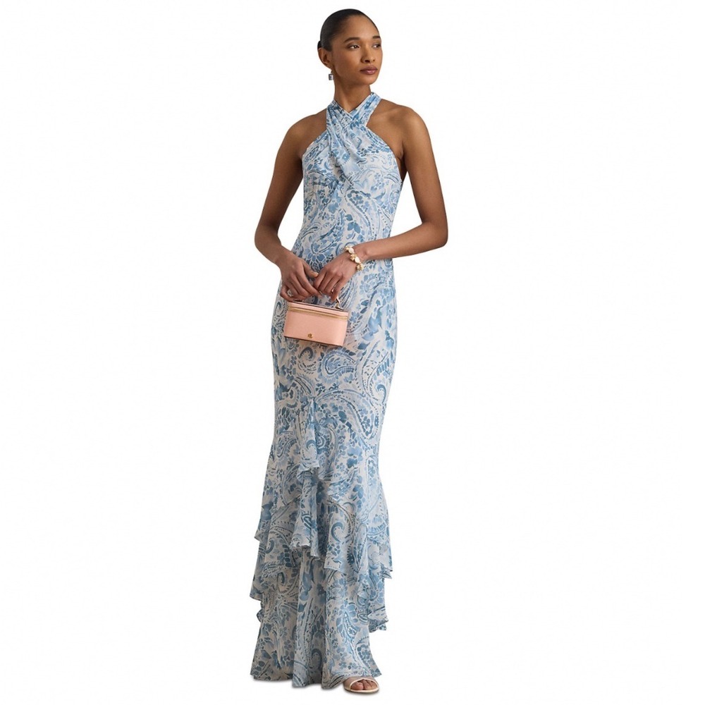 Lauren Ralph Lauren Paisley Crinkle Georgette Halter Gown Blue White 16